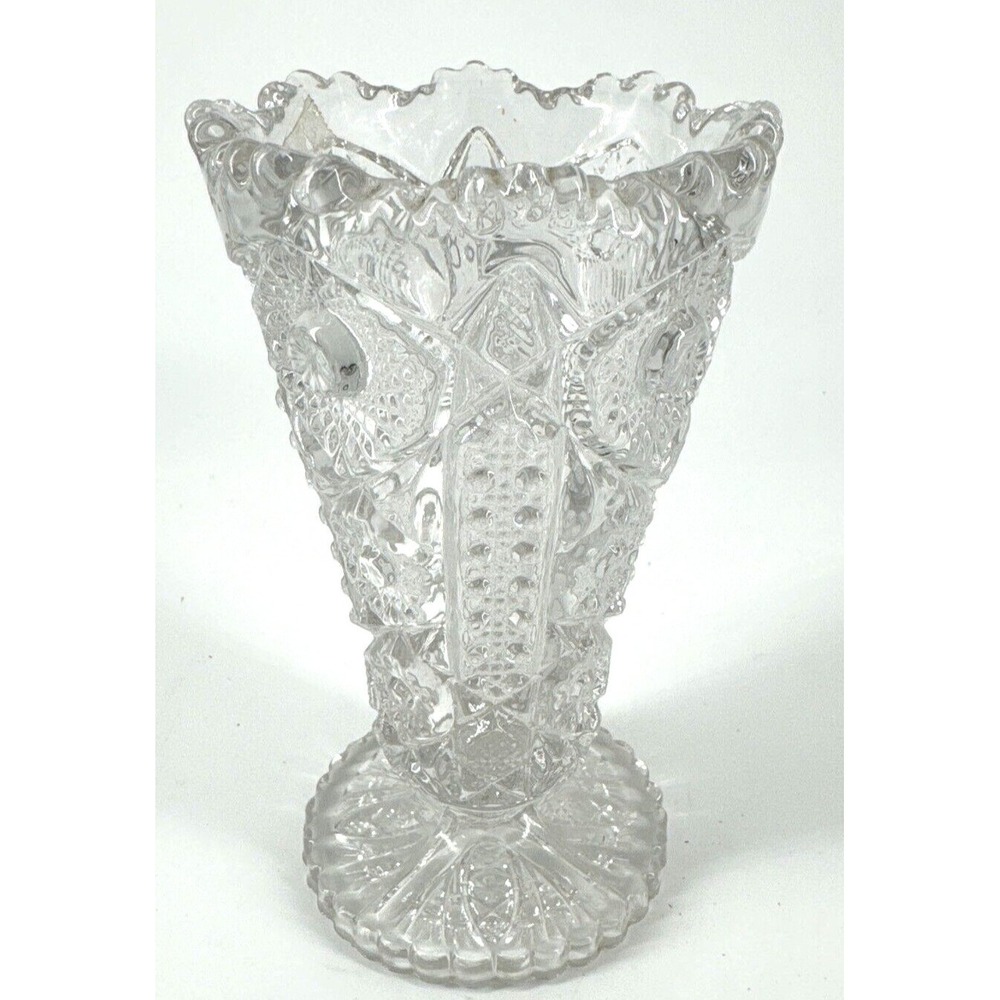 Vintage Imperial Glass #536 Star & Cane Lace Variant Clear 6.25" Tall Vase USA